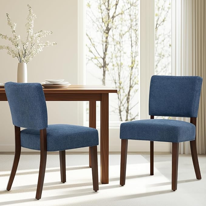 COLAMY Mid Century Modern Dining Chairs Set of 2, Upholstered Kitchen Chairs with Back, Farmhouse Fabric Side Dining Room Chairs with Wood Legs for Dining Room Kitchen Restaurant, Blue