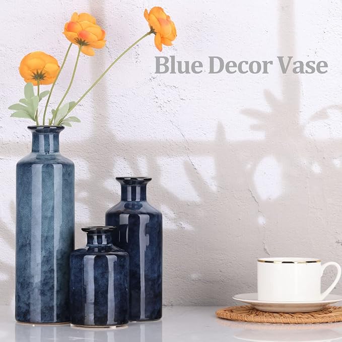 Blue Ceramic Vase Set - 3 Blue Small Vases, Farmhouse Country Flower Vase Home Decor, Living Room Decoration, Table Decoration, Fireplace Decor, and Entrance Decorations Centerpieces
