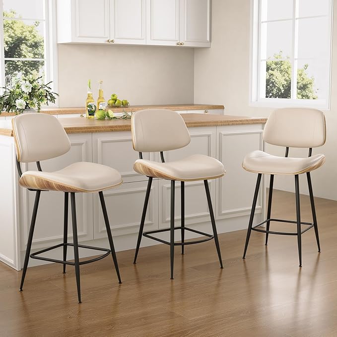 Mid Century Modern Bar Stools Set of 4, PU Leather Counter Height Stools with Walnut Bentwood Back & Metal Legs, 26.7" Barstools Kitchen Island Chairs with Footrest for Home Bars, Beige