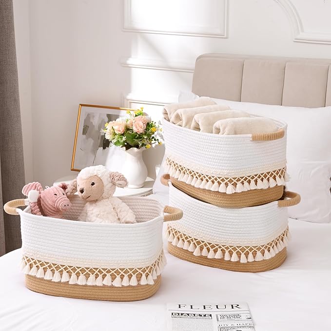 6 Pack Storage Basket for Shelves, Boho Cotton Rope Storage Bins with Heavy Tassel, Shelf Baskets Large Woven Baskets for Organizing, Cube Organizer Bins, Baby Laundry Basket for Clothes, Toys, Pets