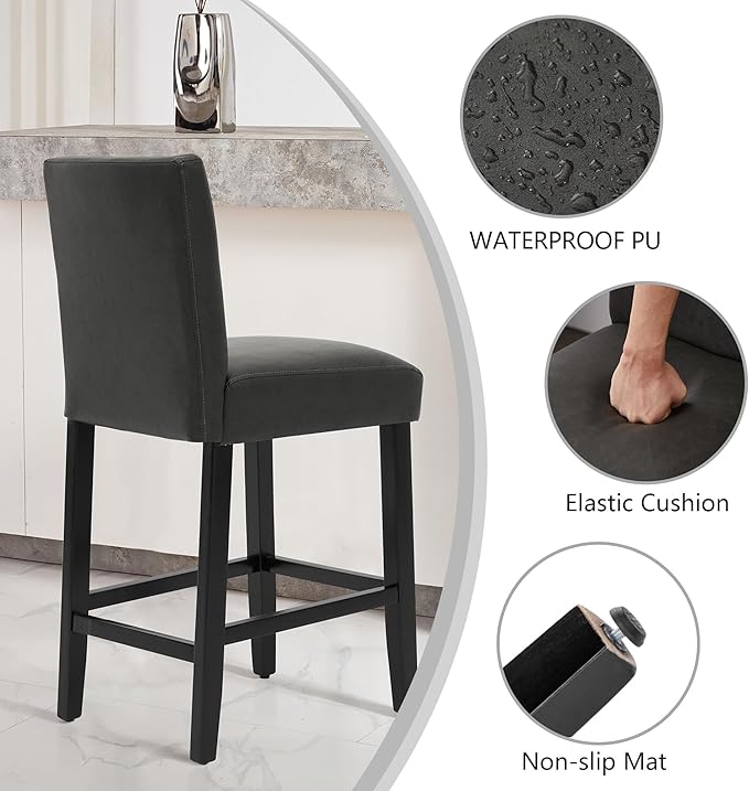 26'' Faux Leather Bar Stools Set of 3, Modern Upholstered Bar Height Bar Chairs, Soild Wood Legs Barstools with Back, Black