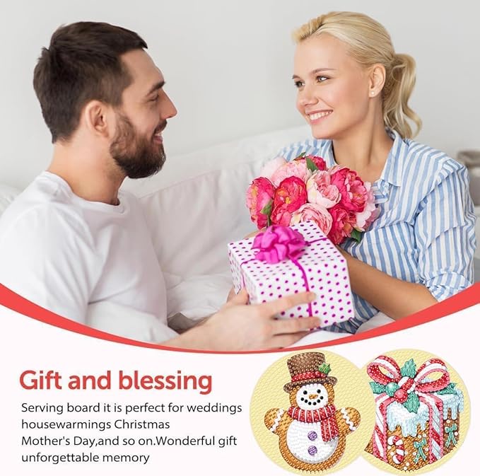 eniref 8 Pcs Christmas Diamond Art Coasters Kits with Holder, Gingerbread Snowman 5D DIY Diamond Pinting Coasters Acrylic Round Cup Coaster with Cork Pads for Tabletop Protection 10×10 CM