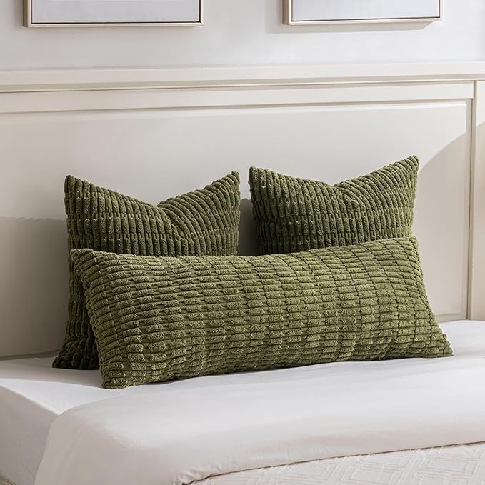 Fancy Homi 2 Packs Boho Moss Green Decorative Throw Pillow Covers 26x26 Inch for Couch Bed Sofa, Rustic Modern Farmhouse Home Decor, Soft Plush Corduroy Cute Square Cushion Case 66x66 cm