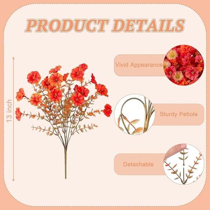 Fall Artificial Flowers for Decoration, 12 Bundles Fake Autumn Flower Plants Petunias, Faux Silk Morning Glory Eucalyptus for Planter Garden Porch Front Door Window Box, Red Orange