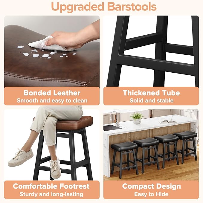 Counter Height Bar Stools Set of 3, 24 Inch Barstools for Kitchen Counter, Kitchen Stools with Bonded Leather Saddle Seats & Heavy Duty Metal Legs, Easy Assembly, Brown/Black