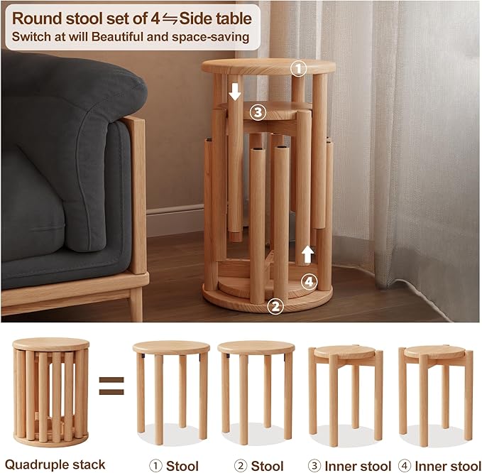 Stackable Stools Set of 4 Wooden Stools 18 Inch Stool Nesting Side Tables Nesting Coffe Table Sturdy and Durable,No Installation Required,Top Stackable Stool for Saving Space(Natural Bar stools)