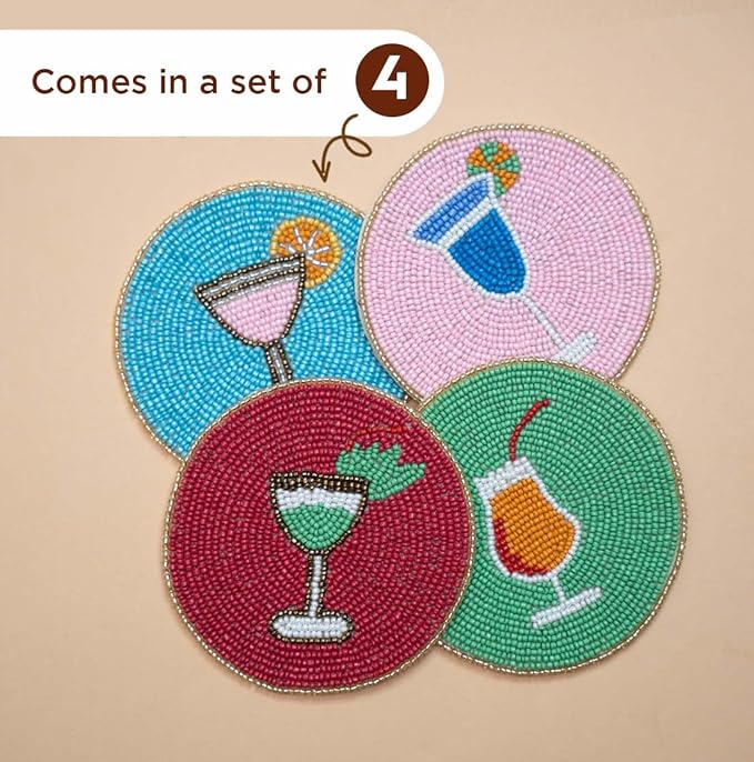 Folkulture Boho Coasters for Drinks or Coffee Table | 4" Cute Cocktails Coasters Set of 4 for Farmhouse Decor | Square Decorative Coaster Set for Table Decorations