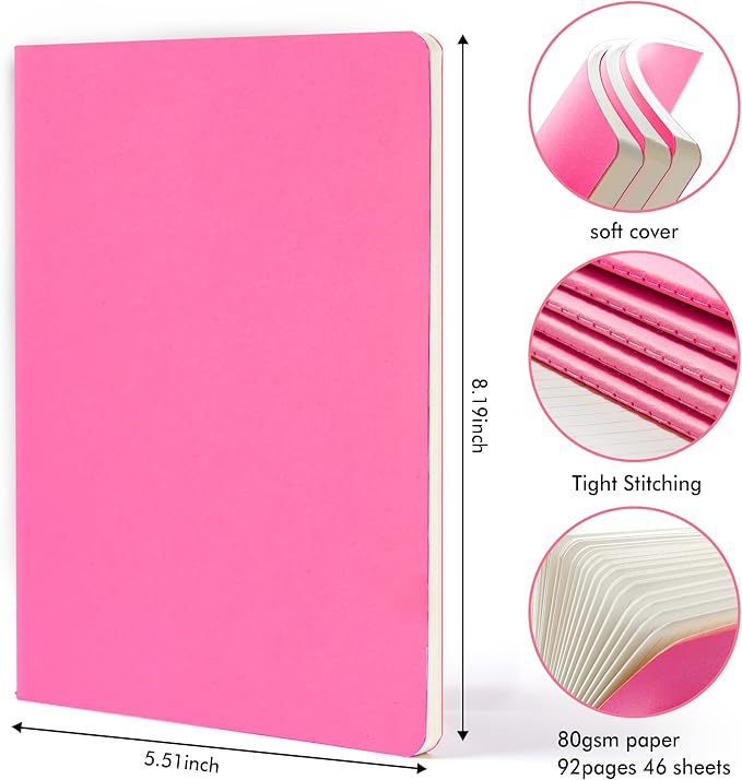 16 Pack Soft Cover Journal Bulk, Feela Lined Notebooks College Ruled for Work for Women Girl Writing, Blank Travel Journal Note Taking Notebook School Business Supplies, 8.2” x 5.5”, A5, Berry