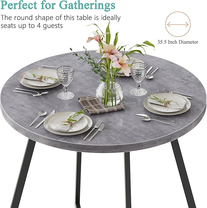 VECELO 35" Round Dining Table for 4, Wood-Grain Tabletop & Heavy-Duty Steel Frame, for Kitchen, Living Room, Easy Assembly, Dark Grey