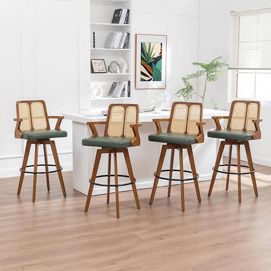 Bar Stools Set of 4 - 30 inch Swivel Rattan bar Stools with Cane Back, Curved Arms, Upholstered Seat, Adjustable Bamboo Legs, Kitchen Bar Stools for Bar/ Pub/Island/Cafe (30" Seat Height, Green)