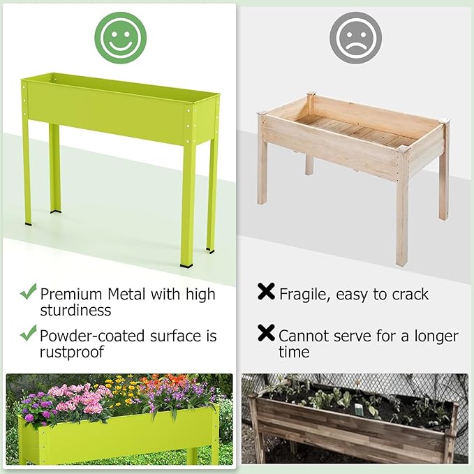 HAPPYGRILL Raised Garden Bed, 31.5” Elevated Planter Box w/Legs, Drainage Hole, Hemming Design, Metal Garden Box for Vegetable Herb, Outdoor Raised Beds for Gardening, Backyard Porch Balcony, Green