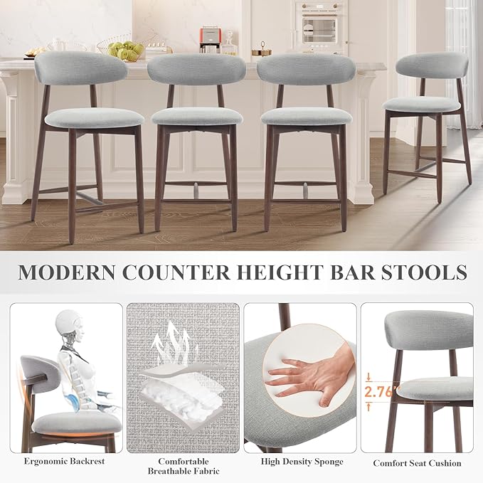 COLAMY Upholstered Counter Height Bar Stools Set of 6, Kitchen Island Stools with Back, Modern Counter Barstools Bar Chairs with Wood Legs, Light Grey