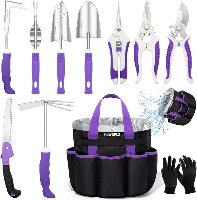 Purple Garden Tool Set Gardening Items for Women - 11PCS Heavy Duty Garden Tools with Detachable Storage Bag, Weeder, Dual-Purpose Hoe