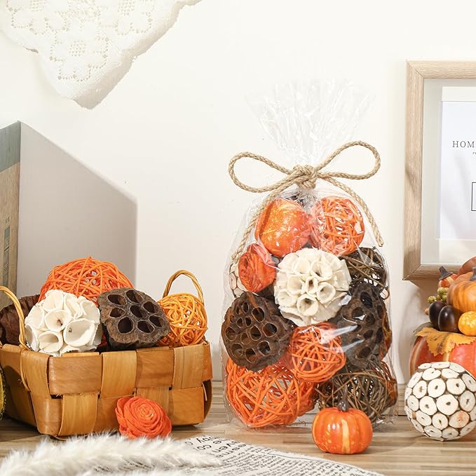 Riceshoot 2 Pack Decorative Balls Potpourri Bowl Filler Decor Natural Vase Bowl Filler Assorted Spherical Rattan Twigs Wicker Balls Cotton for Home Centerpiece(Orange)