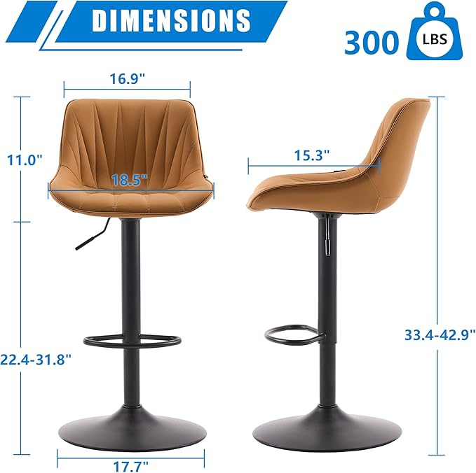 YOUNIKE Saffron Bar Stools Set of 2, Tan Swivel Barstools for Kitchen Island, Adjustable Leather Padded Bar Chairs with Back, Modern Counter Height Stools with 300LBS Support