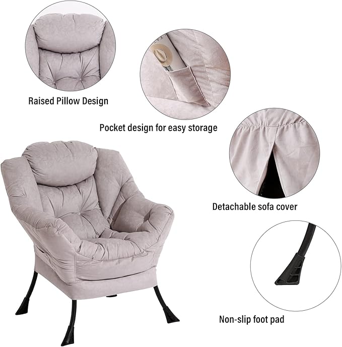Welnow Lazy Chair with Ottoman, Modern Lounge Accent Chair with Armrests and a Side Pocket, Leisure Sofa Armchair, Reading Armchair with Footrest for Small Space, Light Grey