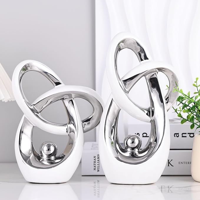 White Silver Modern Abstract Art Home Accent, Statues Coffee Table Decor, Table Centerpieces for Dining Room, Ceramic Sculptures and Gold Knick Knacks for TV Stand Decor