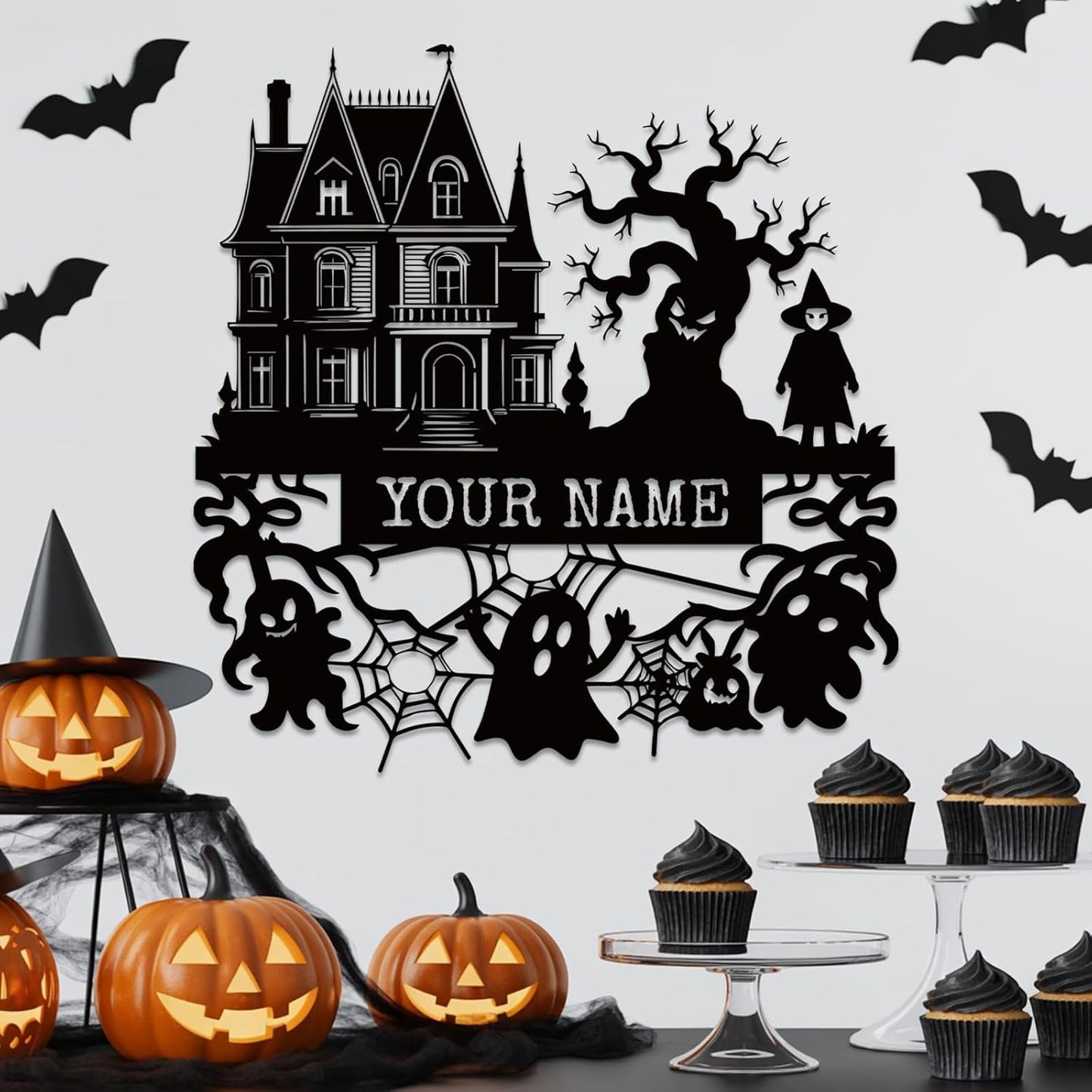 Personalized Haunted House Signs, Family Name Signs, Custom Halloween Metal Wall Art with Witch Bats Pumpkins Skull Ghost Spider, Gothic Home Decor for House, Halloween Party, Living Room