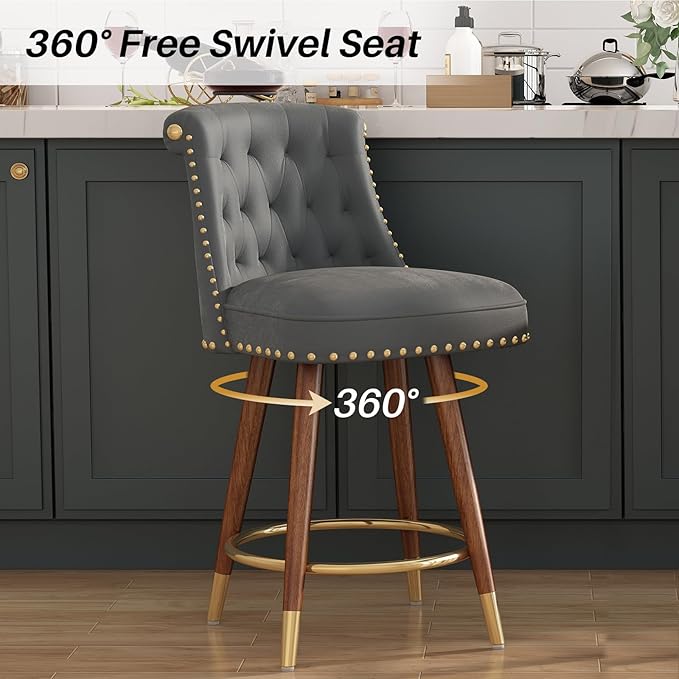 24" Counter Height Bar Stools Set of 4, Swivel Counter Stools with Back, Upholstered Velvet Stools for Kitchen Counter with Wood Legs, Fabric in Gray