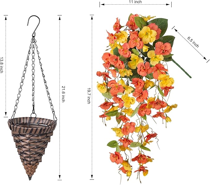 Artificial Fake Fall Hanging Flowers Plants Baskets for Outdoor Decoration, 5Pcs Faux Silk Hibiscus Long Vines in Planter Look Real for Outside Home Porch Patio Garden (YellowOrange)