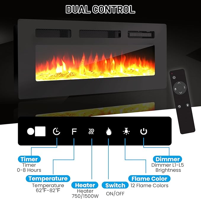 70 Inch Fireplace TV Stand with 36 Inch Electric Fireplace, 12 Colors LED Lights, 750W/1500W for Max 80 Inch TV, 2 Tier Storage 2 Door Cabinet