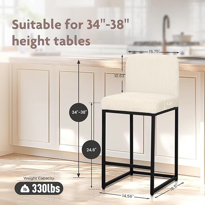 ALPHA HOME 24" Bar Stools Set of 4 Kitchen Counter Stools with Back, Counter Height Stools with Upholstered Footrest for Kitchen Island, Metal Steel Frame, Corduroy, Ivory