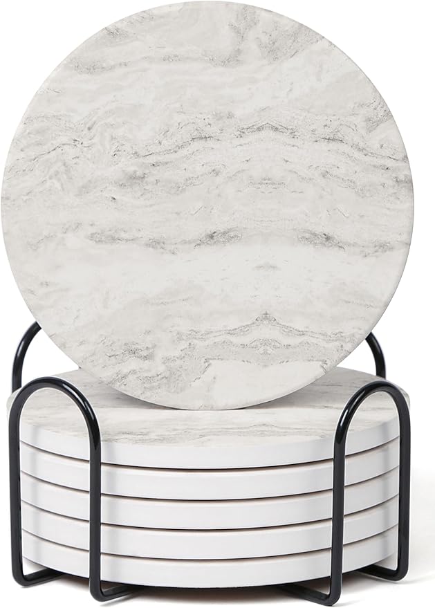 Set of 6 Off White Abstract Onyx Marble Coasters with Holder, Absorbent Ceramic Drink Coasters for Table Protection, Coffee Table Decor