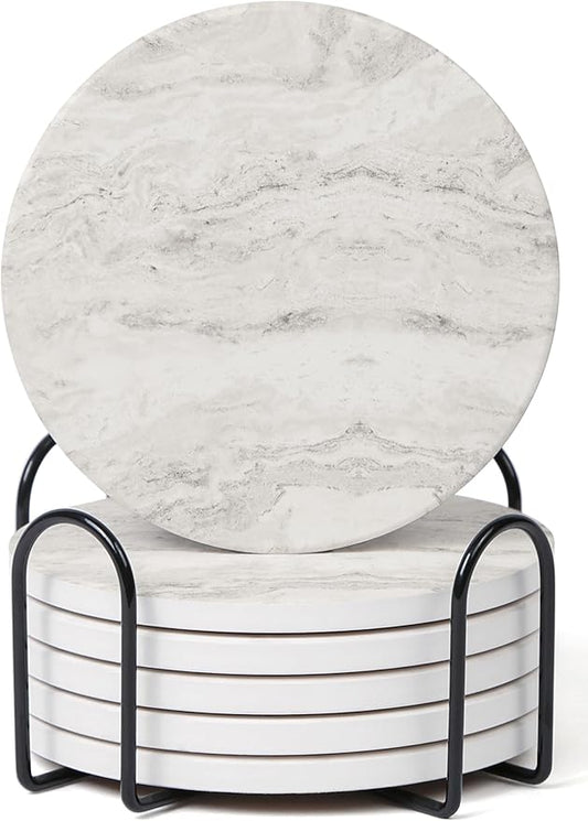 Set of 6 Off White Abstract Onyx Marble Coasters with Holder, Absorbent Ceramic Drink Coasters for Table Protection, Coffee Table Decor