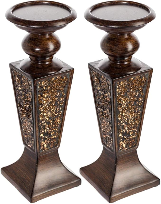 Creative Scents Schonwerk Brown Pillar Candle Holder Set of 2- Crackled Mosaic Design- Functional Table Decorations- Centerpieces for Dining/Living Room- Best Wedding Gift