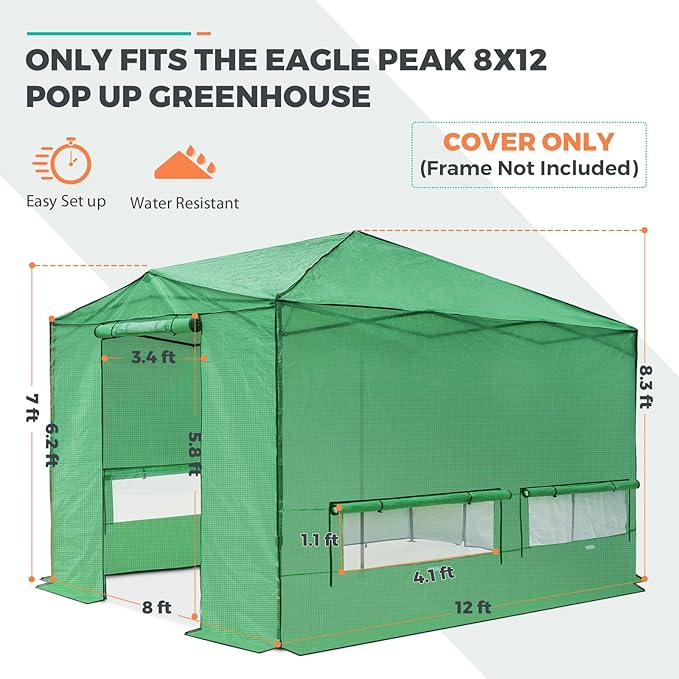 EAGLE PEAK Replacement Cover for 12x8 Portable Walk-in Pop up Greenhouse, Front and Rear Roll-Up Zipper Entry Doors and 4 Large Roll-Up Side Windows (Frame Not Included), Green