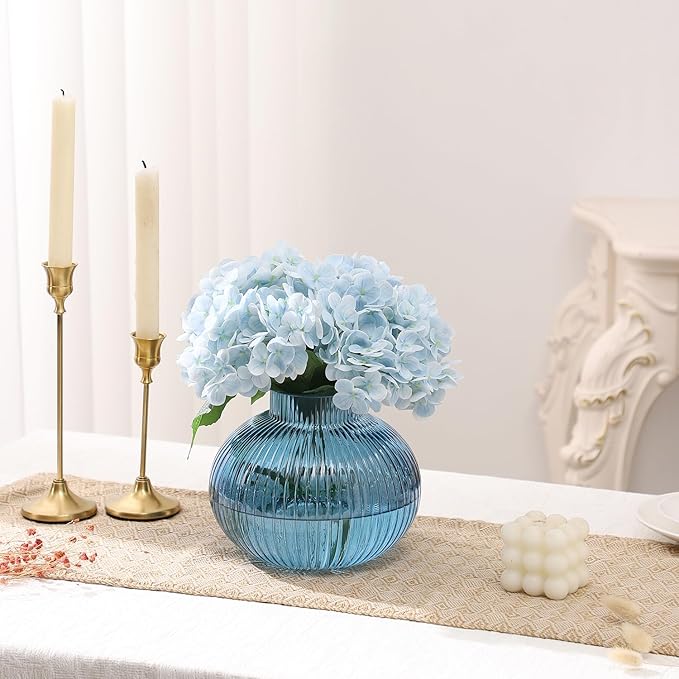 Blue Glass Vase for Tulips, Ribbed Glass Vase for Flowers, Round Flower Vases, Small Short Vases for Living Room, Office, Coffee Table, Shelf, Wedding, 6 Inches