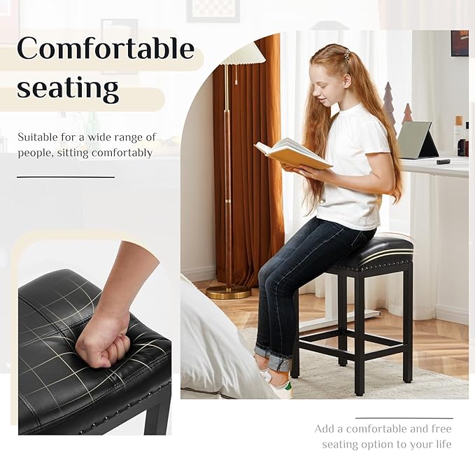 Sweetcrispy Bar Stools Set of 2, 24 Inch Counter Height Stools, PU Leather Upholstered Bar Chairs with Footrest, Modern Bar Stools for Kitchen Island, Dining, Living Room, Modern Black