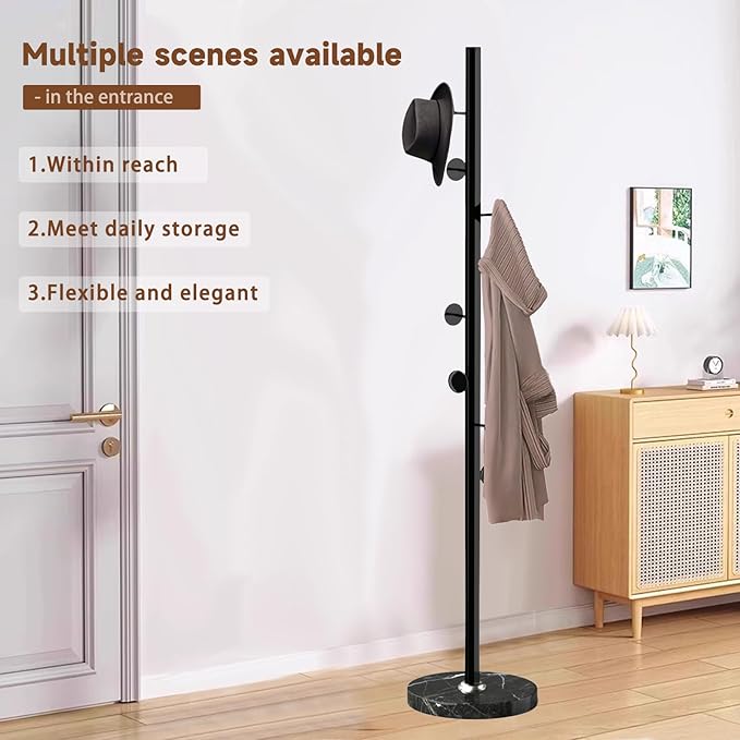 Metal Coat Rack Freestanding, Sturdy Coat Rack Stand with Natural Marble Base, Coat Racks Tree Hats Hanger Holder Stand for Entryway, Hallway, Bedroom(8 Hooks)