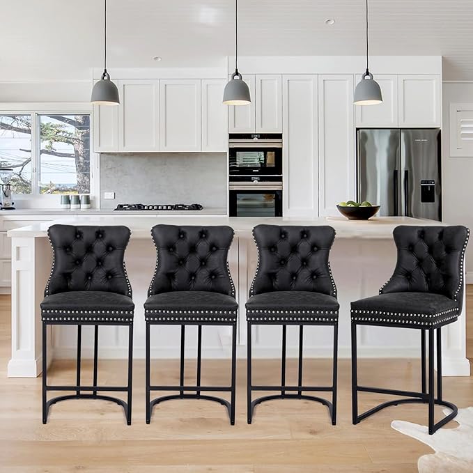 Counter Height Bar Stools Set of 6, 24" Modern Barstools with Back, Faux Leather Upholstery Counter Chairs with Metal Legs for Kitchen Island, Bar, Counter, Black