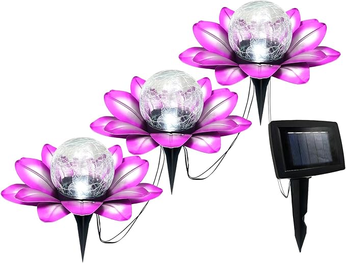 LEWIS&WAYNE Solar Garden Lights Outdoor, 3 Pcs Purple Lotus Flower Pathway Lamps with Cool White Crackle Glass Globe Led Lights for Patio Pathway Yard Balcony Garden Decorations