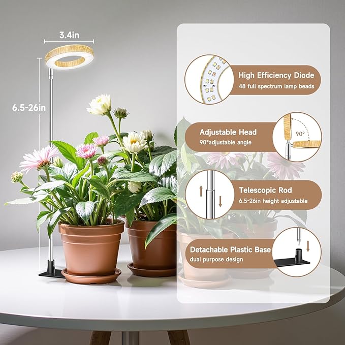 Kullinss Grow Light, 48 LEDs Full Spectrum Plant Lights for Indoor Growing with Detachable Base, 6/12/16H Timer, 3 Color Modes, Height Adjustable, Ideal Small Plant Grow Light for Succulents, Herbs