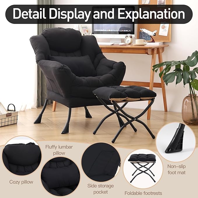 Lazy Chair with Ottoman, Modern Accent Chair with Lumbar Pillow, Comfy Chairs with Folding Footrest for Bedroom, Reading, Oversized Supportive Lounge Chairs(Black)