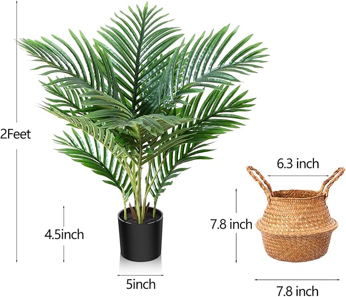 LOMANTO Fake Majesty Palm Plant 2Ft Artificial Plants for Home Decor Indoor Small Faux Trees in Pot Fake Tropical Plants for Housewarming Gift 1Pack