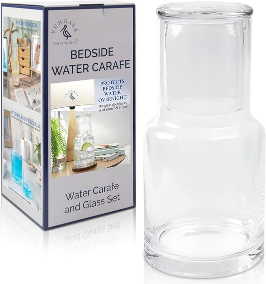 Bedside water carafe and glass set or mouth wash container for bathroom, drip free water carafe with glass cup for nightstand, modern carafe pitcher with cup