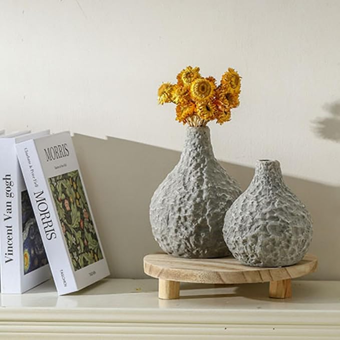 Stone Vases，Ceramic Bud Vase Set of 2,Minimalist Vases for Pampas Grass,Modern Vase for Wabi Sabi Home Decor, Shelf Decoration，Fireplace Decor,Coffee Table Decor