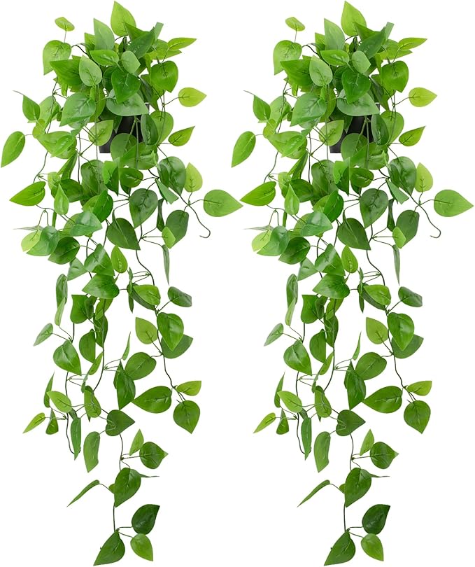 LOYWREE 2 Pack Small Artificial Hanging Plants with Faux Ivy Vine and Hanging Pothos 39Inch Fake Plant Realistic Greenery for Shelf Decor in Home, Office, Indoor & Outdoor Gardens