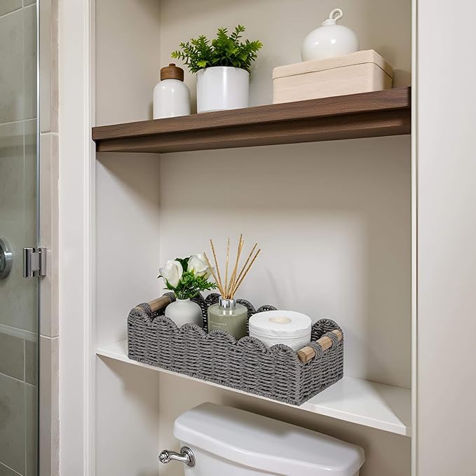 CubesLand Scalloped Decor Basket for Living Room, Home, Bathroom, 2SAME SIZE Paper Rope Basket, Toilet Storage Baskets for Over Toilet Storage Shelf, Cozy Woven Basket Both Storage&Decor, Grey