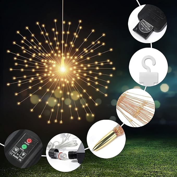 1 Pack Starburst Sphere Lights with Remote Control,200 LED Firework Light, 8 Modes Dimmable Waterproof Hanging Fairy Light, Copper Wire Lights for Patio Parties Christmas (Solar Powered)