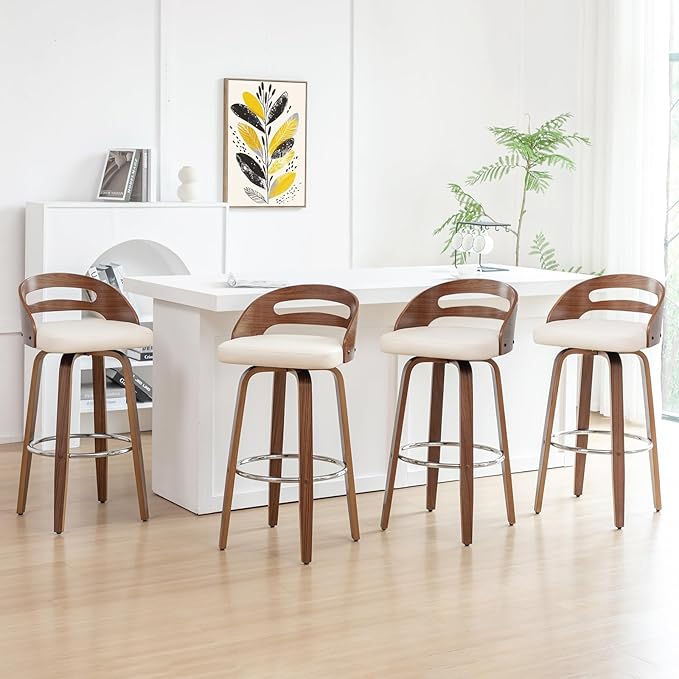 Counter Stools Set of 4, Counter Height Bar Stools with Walnut Crafts, Bentwood Curved Back, Upholstered Faux Leather, Soft Cushion Seat, Swivel Counter Chairs for Island/Pub (Beige, 26" Seat Height)