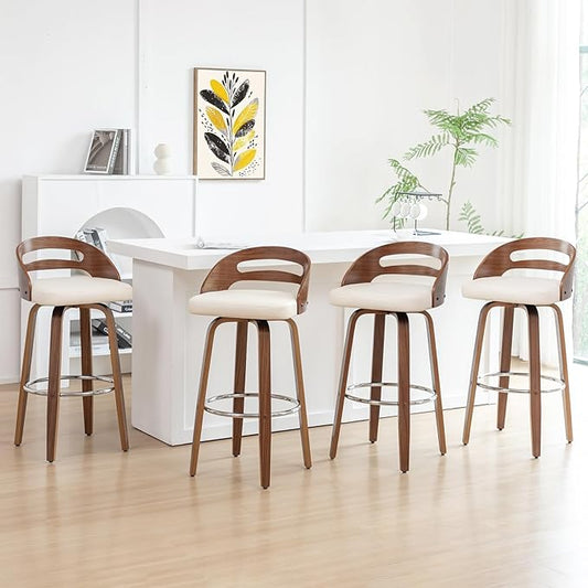 Counter Stools Set of 4, Counter Height Bar Stools with Walnut Crafts, Bentwood Curved Back, Upholstered Faux Leather, Soft Cushion Seat, Swivel Counter Chairs for Island/Pub (Beige, 26" Seat Height)