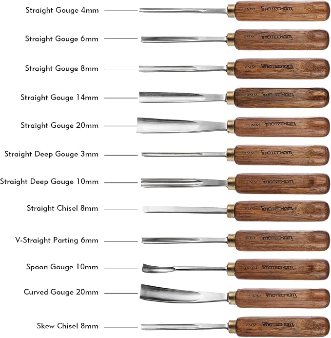 12-Pieces Woodworking Wood Carving Tools Chisel Set with Wooden Box, Razor Sharp CR-V 60 Steel Blades