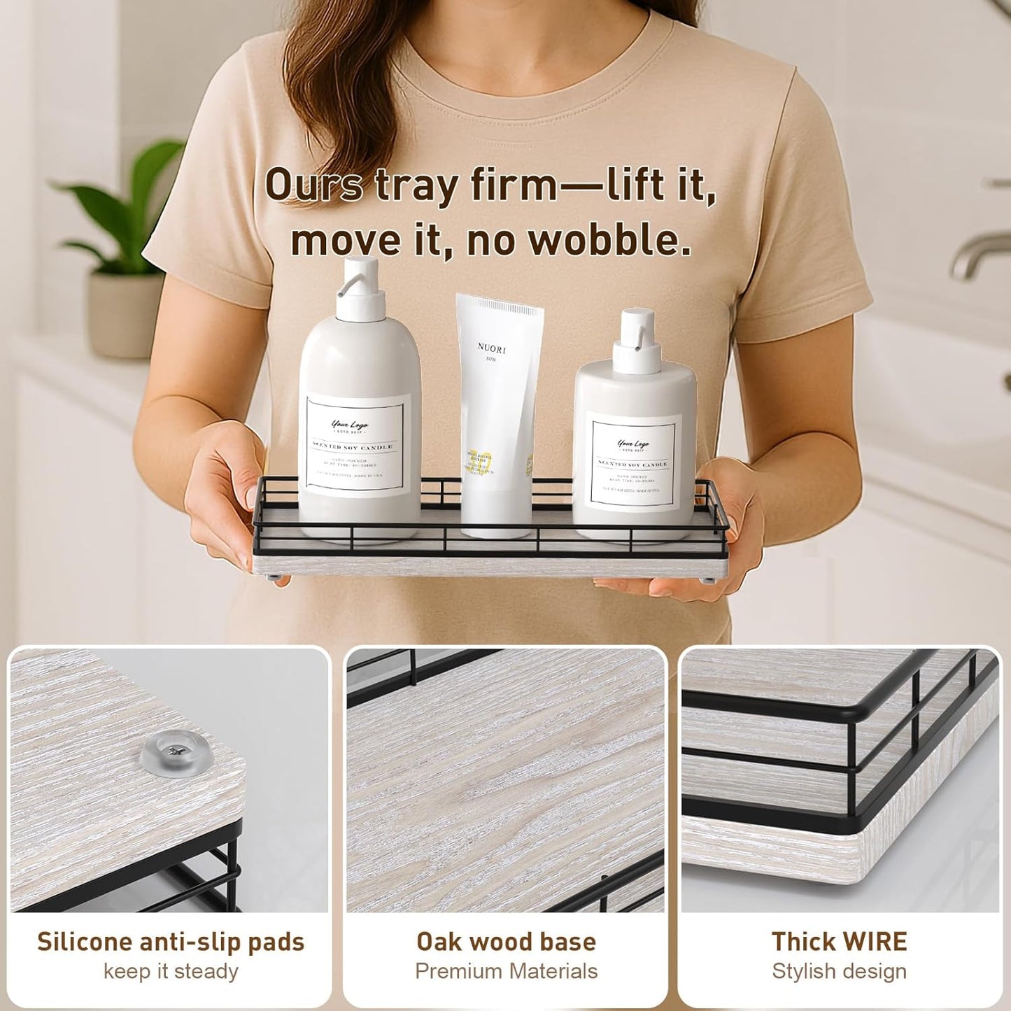 Bathroom Tray for Counter Top Organizer – Ash Wood Vanity Tray with Metal Frame for Dresser, Kitchen, Nightstand – Black & Farmhouse White Decorative Storage