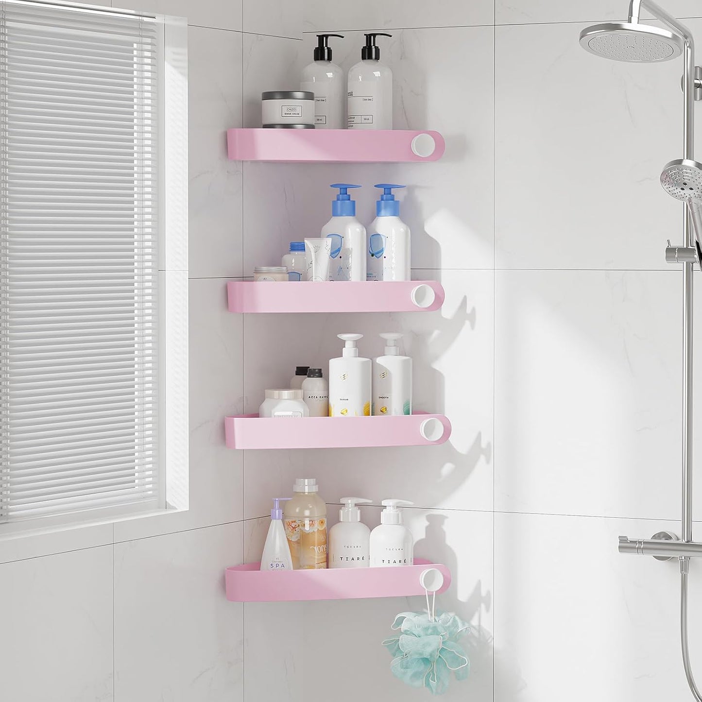 Sotfamily Shower Caddy Corner, 4 Pack Adhesive Corner Shower Shelves for Bathroom Organizers and Storage, Rust Free Plastic Rack for Bathroom Accessories & Decor, Pink