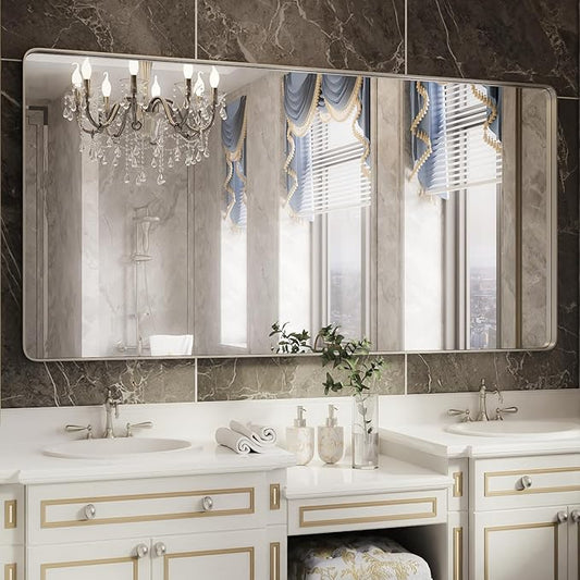 ISKM Large Silver Bathroom Mirror, 77 x 36 Inch Mirror for Wall Brushed Silver Metal Frame Rectangular Wall Mounted Minimalist Farmhouse Home Decor Hangs Horizontal or Vertical