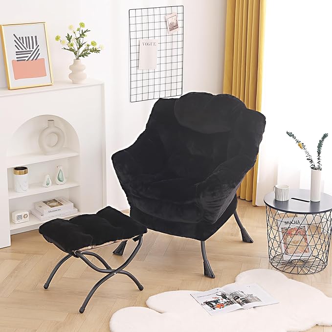 Welnow Lazy Chair with Ottoman, Modern Lounge Accent Chair with Armrests and a Side Pocket, Leisure Sofa Armchair, Reading Armchair with Footrest for Small Space, Plush Black